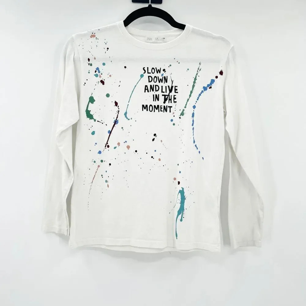 Zara Unisex Kids White Splatter Paint Long Sleeve Top‎ T Shirt Size 9